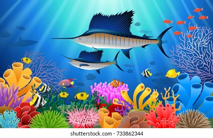 Sailfish Swimming Under Water Cartoon Animal Character. Vector Illustration.