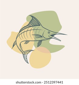 Sailfish, swordfish, marlin on blobs background. Seafood shop logo, signboard, restaurant menu, fish market, banner, poster design template. Fresh seafood. Fishing trophy