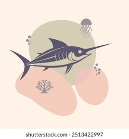Veleiro, espadarte, espadim sobre fundo de bolhas. Logotipo da loja de frutos do mar, placa, menu do restaurante, mercado de peixes, banner, modelo do projeto do cartaz. Marisco fresco. Troféu de pesca