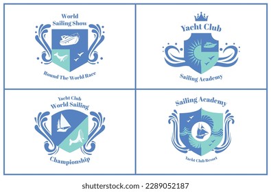 Sailing academy crest yacht club resort insignia shield with sea waves set vector flat illustration. Marine lifestyle hobby learning extreme sport aquatic whale and sail vessel nautical cruise badge