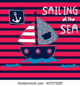 sailing academy for kids, sailing boat on striped background, T-shirt design for kids vector illustration