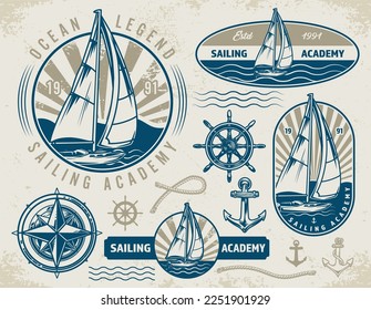 Sailing academy logotypes set colorful with boats with sails on high mast and elements of old ship vector illustration