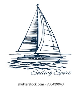 Sailing. Active rest on the sea. Yacht on the waves. Stylized vector illustration.