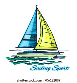 Sailing. Active rest on the sea. Yacht on the waves. Stylized color vector illustration.