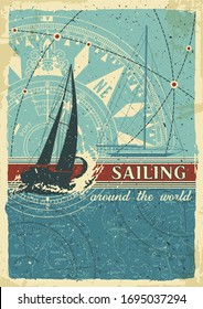 Sailing adventure vintage nautical poster with sailboat and compass vector wallpaper