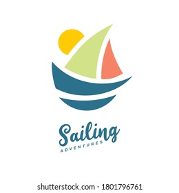 Sailing adventures logo with boat in the middle of picture. Vector illustration.
