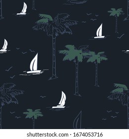 Sailing adventures seamless pattern. palms, sailboat, birds drawing.Vector illustration design for fashion fabrics, textile graphics, prints, wallpapers and other uses.