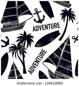 Sailing adventures seamless pattern. surfboards, sailboat, palm,anchor drawing.Vector illustration design for fashion fabrics, textile graphics, prints, wallpapers and other uses.