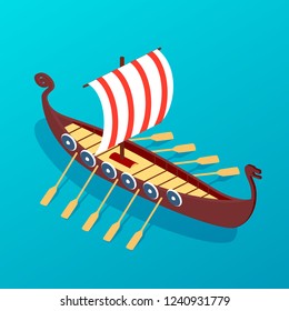 Sailing ancient wooden ship with oars. Sea retro transport, an ancient means of transportation on water. Navigational passenger and cargo ship, galleon, military warship sea travel. Isometric vector.