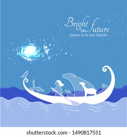 sailing with animals in starry night-vector illustration