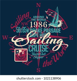 Sailing around the world yacht club, vector print for boy wear with embroidery badge