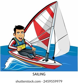 Sailing athlete isolated on white background in cartoon style. Summer Games 2024. Vector illustration.