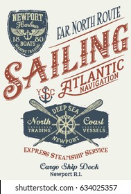 Sailing Atlantic navigation, grunge vector print for boy shirt 