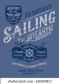 Sailing Atlantic navigation, vector print for boy shirt grunge effect in separate layer