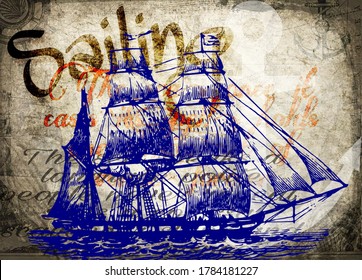 Sailing background with large blue ship and old cursive scripts. 