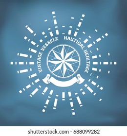 Sailing badge with wind rose compass, ribbon. Vintage nautical logo