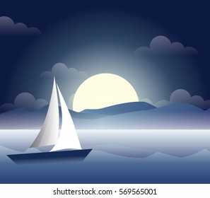 Sailing. Beautiful nature. Night and moon