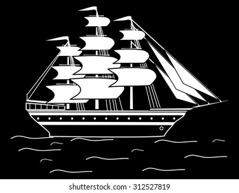 Sailing black white silhouette ship frigate retro transport sea ocean cruise. Adventure travel