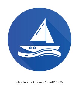 Sailing blue flat design long shadow glyph icon. Watersport, aummer extreme kind of sport. Yachting, swimming and navigation. Voyage, boat on ocean waves. Vector silhouette illustration
