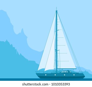 Sailing blue yacht in the sea near rocky coast. Landscape with luxury yacht on huge mountain background. Vector illustration.