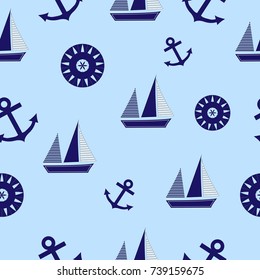 Sailing boat and anchor seamless pattern on sky blue background