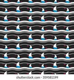 Sailing boat background. Seamless marine pattern with sea ship, sail or stylized yachts and waves, design with nautical elements, maritime summer illustration. Sea and ocean travel theme.