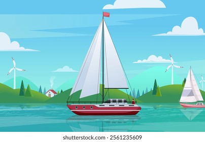 Sailing Boat Beautiful River Side Green Background Vector, sky, green hills, sail boat, fresh water, windmills, river side background illustration