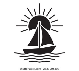 Sailing boat beneath a rising sun in premium black silhouette vector style.