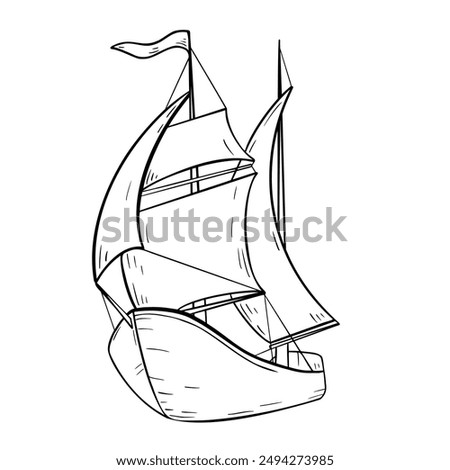 Sailing boat black and white vector illustration isolated. Sailing ship hand drawn ink silhouette. Masted vintage sailboat contour. Sea transport coloring. Simple cartoon drawing boat outline