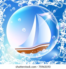 Sailing boat and bubbles in grunge frame