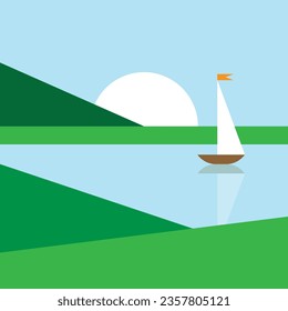 Sailing boat by the riverside vector, Abstract minimalist seascape with boat and birds at sunset. Modern flat vector illustration for wall decor, cover, poster, flyer, summer travel agency advertising