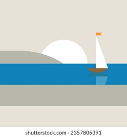 Segelboot mit Vektor am Meer, abstrakte minimalistische Jahreszeit mit Boot und Vögeln bei Sonnenuntergang. Moderne flache Vektorgrafik für Wanddekor, Decken, Plakate, Flyer, Sommerreiseagenturwerbung