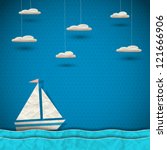 Sailing boat and clouds. Vector paper-art