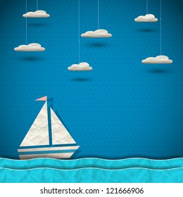 Sailing boat and clouds. Vector paper-art