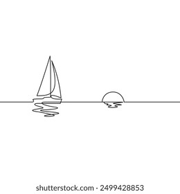 sailing boat with coastline and sunset one line drawing minimalism decorative art