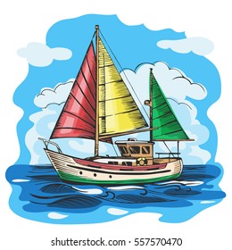 Sailing boat colored vector sketch with clouds and stylized waves. Sea yacht floating on the water surface.