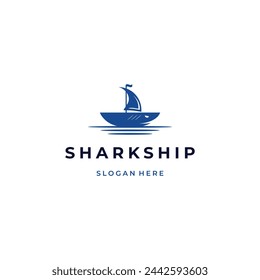 Sailing boat combine with shark logo design on isolated background