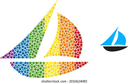 Sailing boat composition icon of filled circles in different sizes and spectrum color tones. A dotted LGBT-colored sailing boat for lesbians, gays, bisexuals, and transgenders.