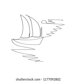 sailing boat in continuous line drawing style, thin linear vector illustration