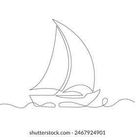 Sailing boat in continuous line drawing style. Black outline of a yacht on a white background.