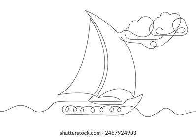 Sailing boat in continuous line drawing style. Black outline of a yacht