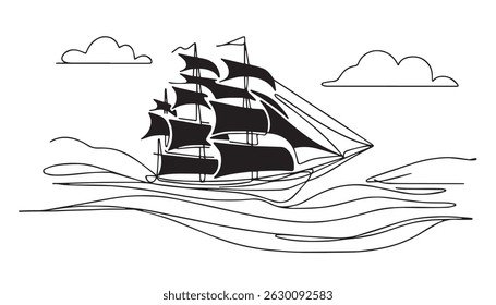 Sailing boat in continuous line drawing style. Black outline of a yacht