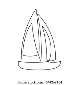 Sailing boat continuous line drawing element isolated on white background for logo or decorative element. Vector illustration of ship form in trendy outline style.