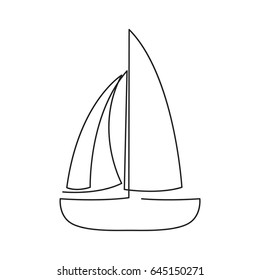 Sailing boat continuous line drawing element isolated on white background for logo or decorative element. Vector illustration of ship form in trendy outline style.