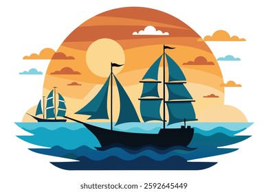 Sailing Boat Cruising in Ocean - Ocean Sunset with Nature Background Vector Illustration