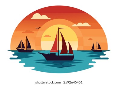 Sailing Boat Cruising in Ocean - Ocean Sunset with Nature Background Vector Illustration