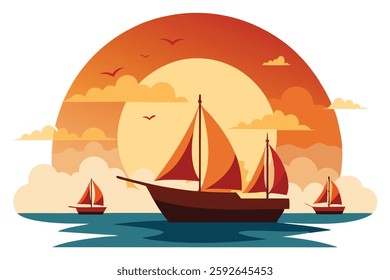 Sailing Boat Cruising in Ocean - Ocean Sunset with Nature Background Vector Illustration