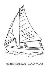 Barco à vela rabiscar em estilo de linha preto e branco com grandes velas flutuando na água. Simboliza liberdade, exploração, viagens marítimas e aventura pacífica no oceano