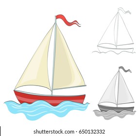sailing boat drawing with coloring and grayscale version. vector illustration