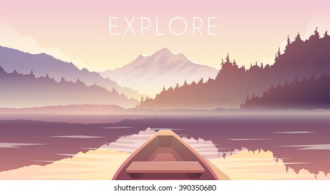 Sailing boat. First person. Mountain landscape. Mountain lake. Outdoor recreation. Vector illustration.  Dawn.